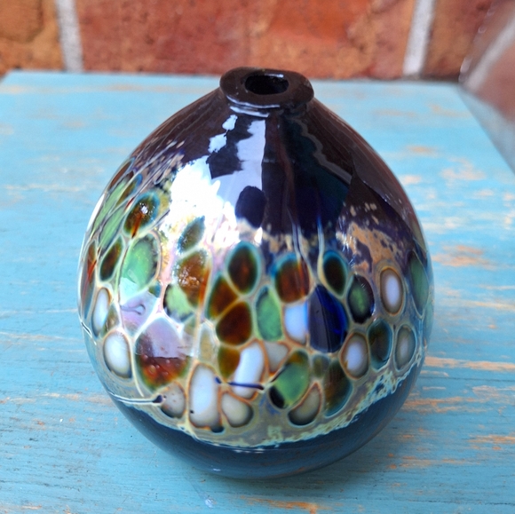 Hand Blown Glass Oil Lamp Orb or Bud Vase Artist Signed Mosaic Color Marble Ball - Picture 12 of 16